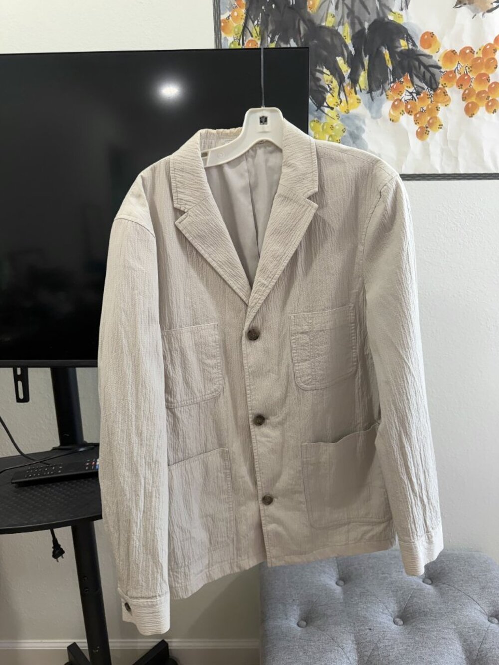 Zara Man Textured Blazer Mens L Cream Patch Pocket Unstructured Summer Jacket